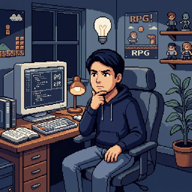Gus en pixel art pensando frente al ordenador, con una bombilla encendida sobre la cabeza