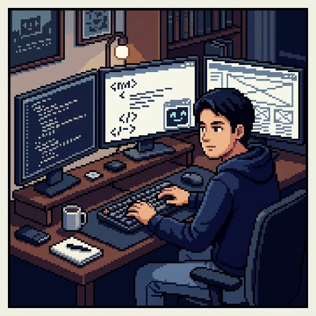 Gus programando frente a tres pantallas con código, maquetas web y un asistente de IA