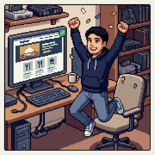 Gus salta de la silla celebrando mientras la pantalla muestra una web de restaurante terminada