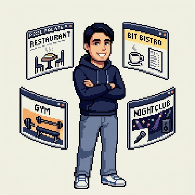 Gus de pie, orgulloso, junto a webs flotantes de un restaurante, un café, un gimnasio y una discoteca